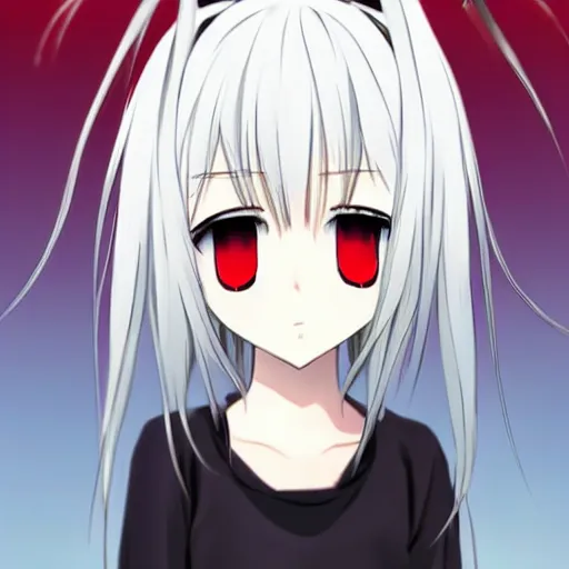 Image similar to whitehair red eyes two small horn on the head anime style anime girl