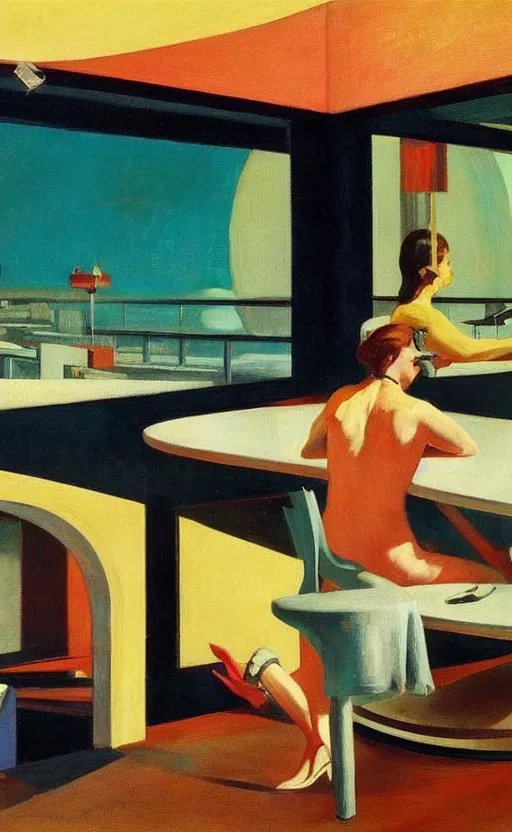 Image similar to retro futurism painted by edward hopper, painted by dali