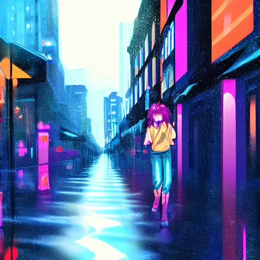 Image similar to advanced digital anime art, invisible girl dancing in the rain on a neon lit street, water reflections.