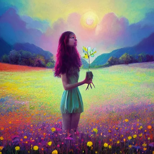 Image similar to girl with a singular flower for a head, surreal photography, dream, standing in flower field, magical, in a valley, sunrise dramatic light, impressionist painting, colorful clouds, artstation, simon stalenhag, flower face