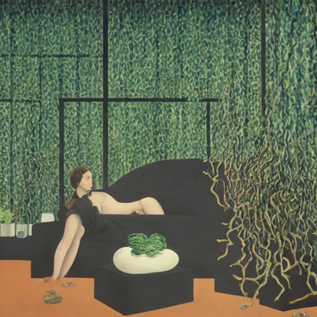 Image similar to a pathology student in her apartment, wrapped in vines, large stones, pig, black walls, ikebana, black armchair, puddles, moss, acrylic on canvas, surrealist, by magritte and monet