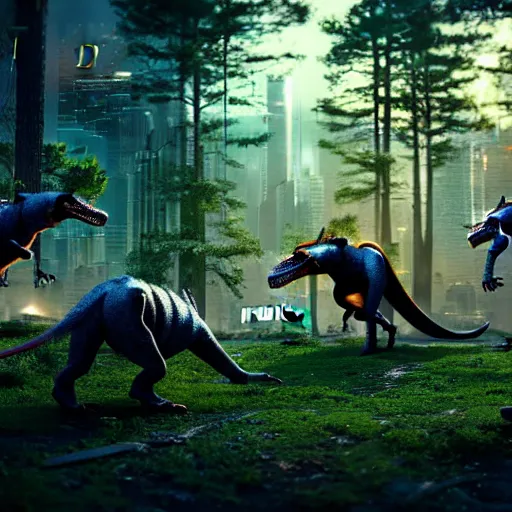 Image similar to a group of cyberpunk t-rexes hunting in a forest, National Geographic photo, Bokeh, 3D, octane render