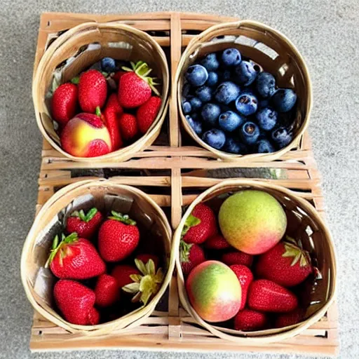 Image similar to 3 baskets filled with 3 different fruits, the left basket filled with strawberries, the middle basket filled with blueberries, the right basket filled with apples