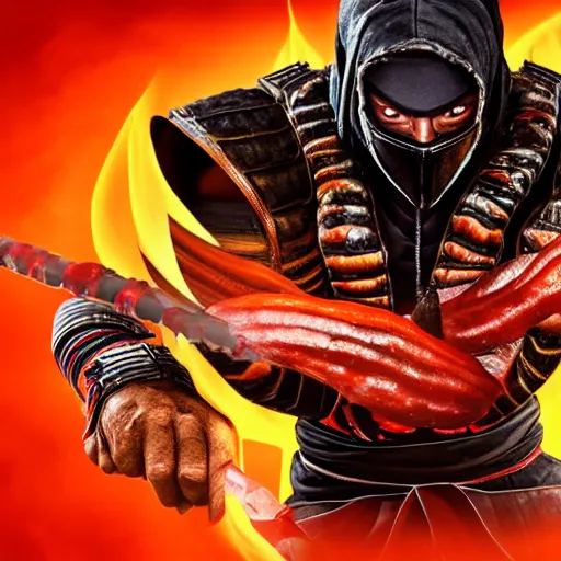 Prompt: portrait of ninja scorpion of mortal kombat video game holding a fork with a chorizo, dramatic ambient lighting, high detail, vibrant colors