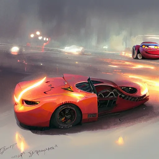 Image similar to lightning mcqueen crash in heavily by greg rutkowski