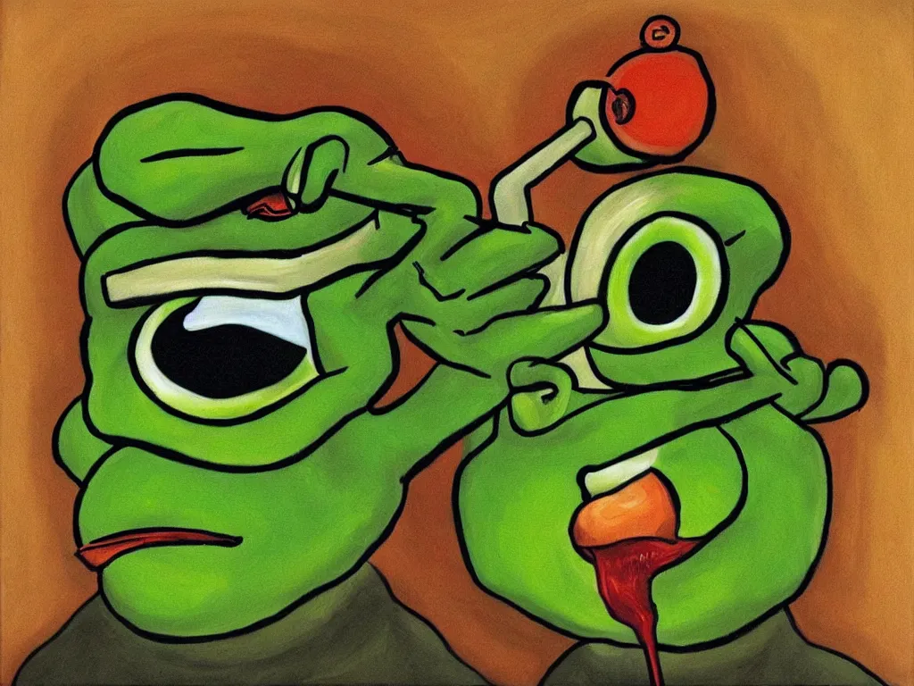 Prompt: portrait of a cyclops pepe! the frog! drinking coffee in the style of dali, oil painting