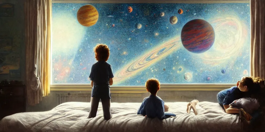 Image similar to one 5 year old boy and one 1 2 year old girl dreaming in their room with a wall with the universe full of galaxies and planets, imagination, part by norman rockwell, part by greg rutkowski, part by mattias adolfsson, high angle, ( ( ( ( volumetric lighting ) ) ) ), oil on canvas