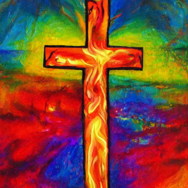 Image similar to burning cross in rainbow flames, finger oil painting