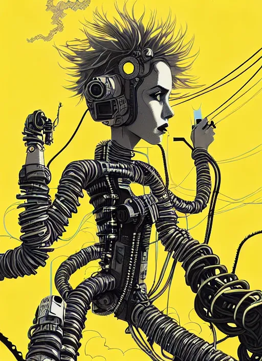 Image similar to highly detailed portrait of wasteland punk long curly bright yellow and white plasma electricity hair tribal lady, stray electric spark wiring by atey ghailan, james gilleard, by joe fenton, by greg rutkowski, by greg tocchini, by kaethe butcher, 4 k resolution, gradient yellow, black and white color scheme!!! ( ( lightning cloudy robotic dystopian city background ) )