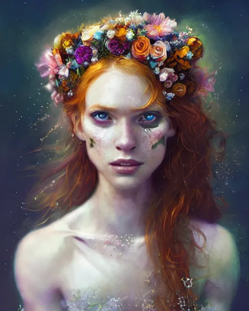 Prompt: cute female bride swathed in flowers, perfect face, tiara, ginger hair, abs, cinematic, freckles, stunning, athletic, strong, agile, highly detailed, psychedelic, digital painting, artstation, smooth, hard focus, illustration, art by jessica rossier and and brian froud