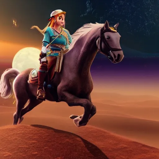 Image similar to zelda riding a horse on moon, detailed realistic face, hyper realistic, 4 k octan render, unreal 5