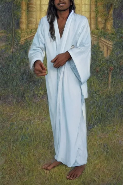 Prompt: sri lankan boy with long hair in white robes, art by Giancola, Donato