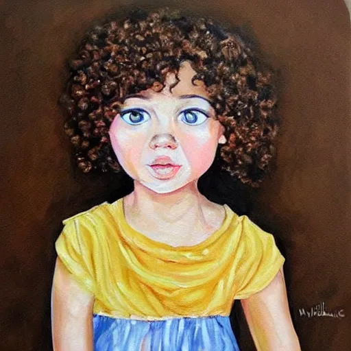 Prompt: a little girl with short curly light brown hair and blue eyes sitting in a nutshell. beautiful painting by magali villanueve, beautiful detailed face.