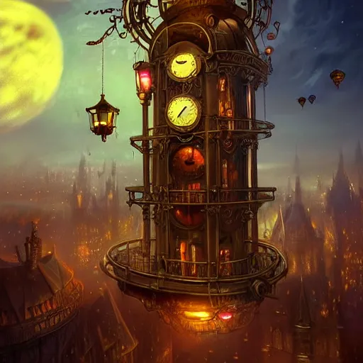 Prompt: a beautiful stunning fantasy whimsical matte digital illustration of a scene of a steampunk! hot - air balloon over a lit steampunk! city at night by marc simonetti, pastel color palette, disney magic the gathering steampunk!!!, chiaroscuro magical! bokeh moon stars dramatic romantic! epic breathtaking, clock tower,, trending on artstation hq, masterpiece