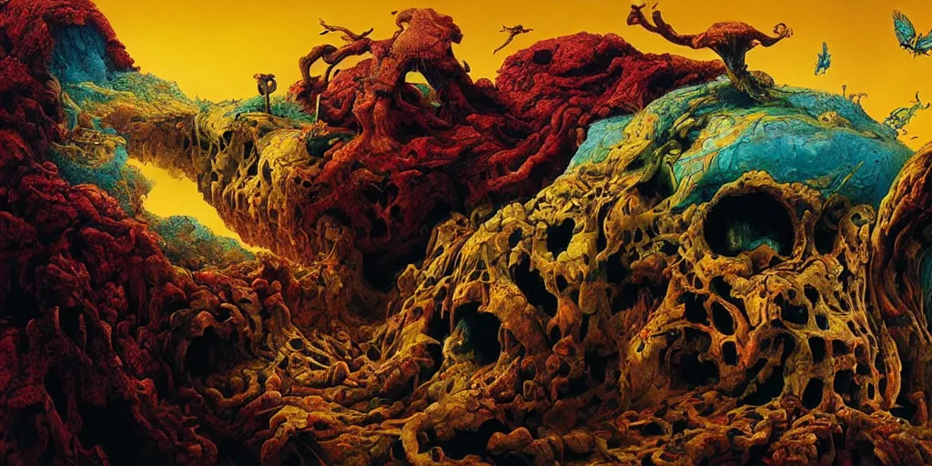 Image similar to ultrawide angle colour masterpiece surreal closeup portrait photography of surrealism by annie leibovitz and michael cheval, incredible sense of depth and perspective and clarity, weird surreal epic psychedelic complex biomorphic 3 d fractal landscape giant beast skull by kilian eng and roger dean and giger and salvador dali and beksinski, 8 k