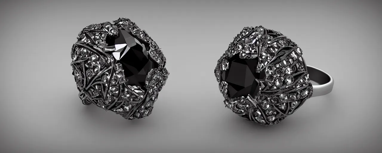 Prompt: black magic crystal ring, fire, flame, crystal, engravings, diamonds, product design, jewelry, colorful, art by gerald brom, greg rutkowski and artgerm, photo realism, unreal engine, c 4 d