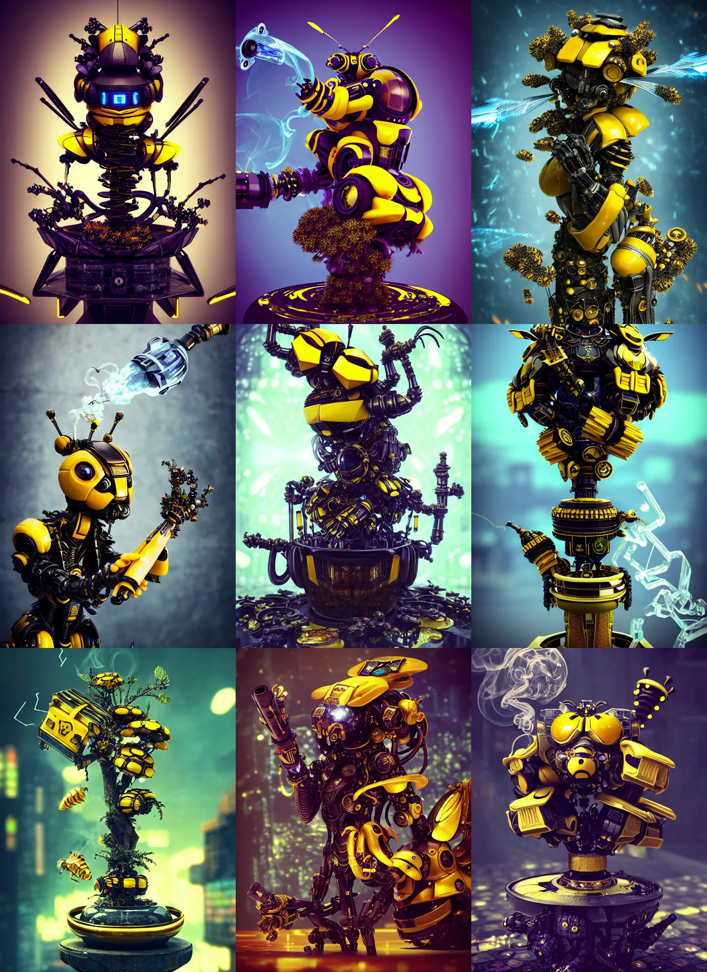 Prompt: postcyberpunk gothic bumblebee edm machine smoking bonsai bong | exotic jewelry | glamorous oily soft polished rich ornate modern | weta disney pixar movie still photo | hi - fructose, sci fi fantasy, golden ratio, smooth, octane render, sharp focus, artstation, concept art | beeple, mucha, artgerm, feng zhu |