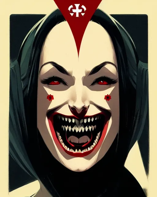 Prompt: beautiful female vampire nurse cap, symmetrical face, evil grin, cinematic, dramatic, super detailed and intricate, by koson ohara, by darwyn cooke, by greg rutkowski