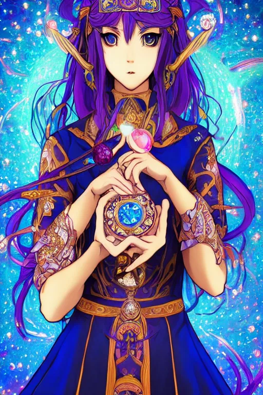 Image similar to psychedelic, intricate, highly detailed, anime, 4k, beautiful seductive lucina from fire emblem holding a crystal containing the universe, with professional makeup, long trippy hair, surrounded by gems, underneath the stars, trending on patreon, deviantart, twitter, artstation, volumetric lighting, heavy contrast, by artgerm and Ilya Kuvshinov and alphonse mucha