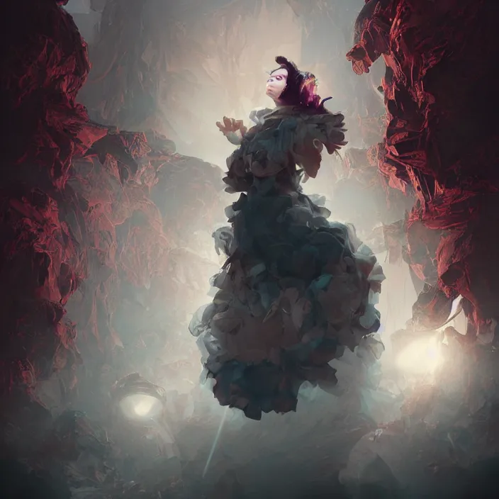 Image similar to demonic bjork, ominous, smiling, phantasmagoric, by tom bagshaw and ilya kuvshinov, rtx rendering, octane render 1 2 8 k, maya, extreme high intricate details by wlop, digital anime art by ross tran, medium shot, composition by sana takeda, dramatic lighting by greg rutkowski
