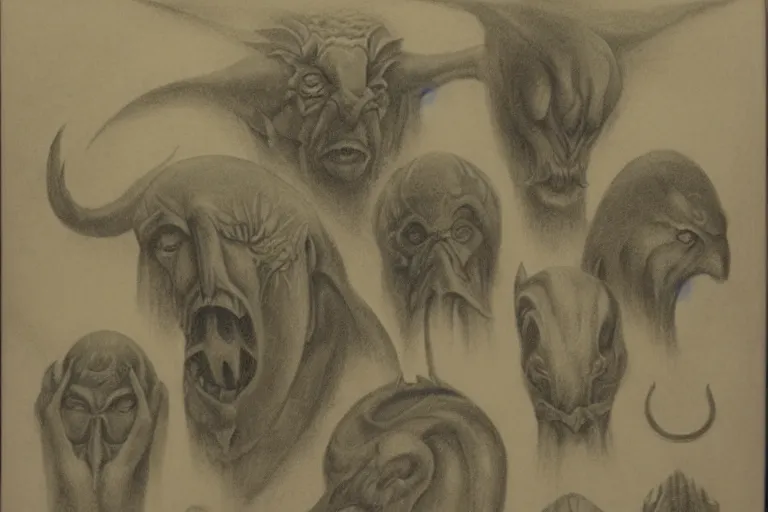 Image similar to portrait mezzotint of a group of mythical monsters and beasts in a squishy style