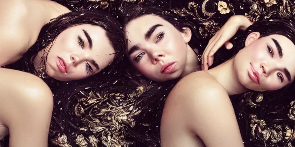 Image similar to stunning photo of dark - haired goddesses vanessa kirby, hailee steinfeld, and bjork smiling, intertwined, laying back on pillows, with wet faces, wet lips, perfect eyes, insanely detailed, elegant, by rutkowski, livia prima, mucha, wlop,