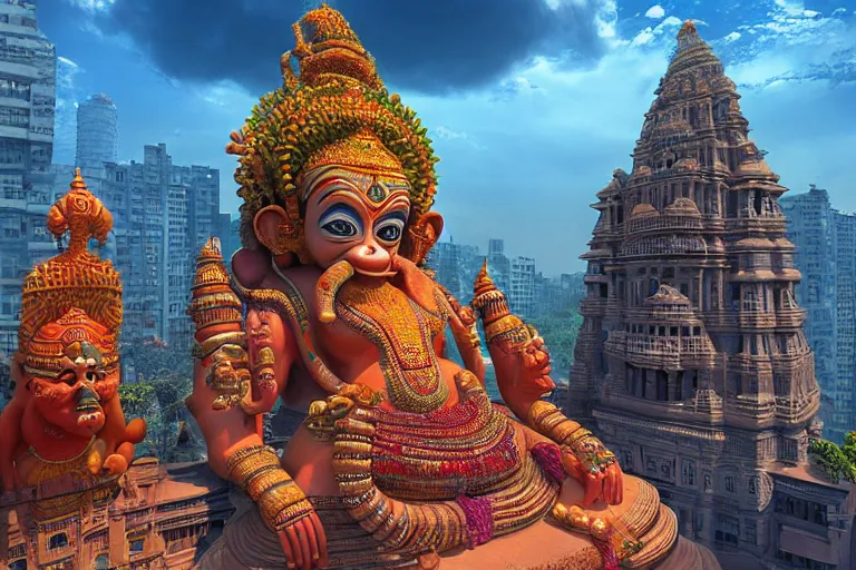 Image similar to high quality 3 d dreamscape! mumbai with biomorphic hanuman!! head building, kalighat highly detailed, unreal engine cinematic smooth, stephen shore & john j. park, soft morning light, wide shot, high angle, uhd 8 k, deep focus