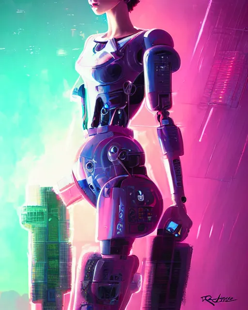 Image similar to cyberpunk millie bobby brown as a robot by rossdraws