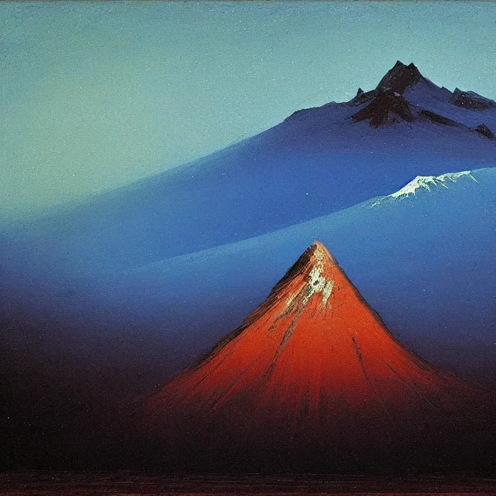 Image similar to mt elbrus at night, arkhip kuindzhi painting, oil painting, luminous light, blue palette