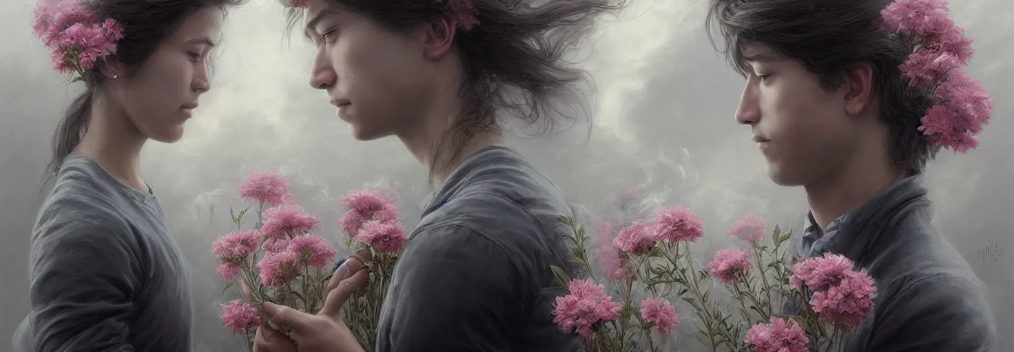 Image similar to young maren looks at the sky from behind the guy's mouth, a puff of smoke falls, the guy's flowers are large, with soft line, symmetrical patterns, in style marco mazzoni, greg rutkowski, artgerm