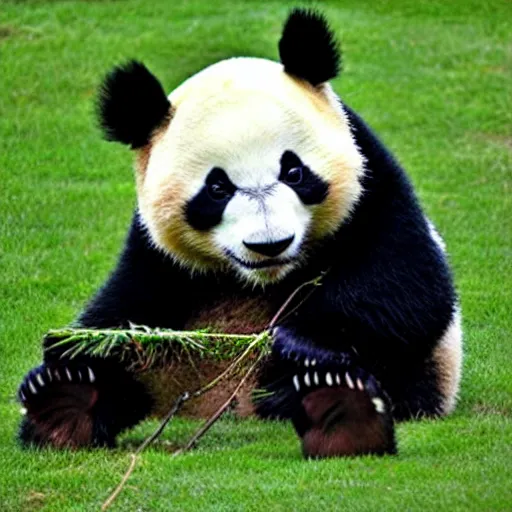 Prompt: a panda mowing his lawn