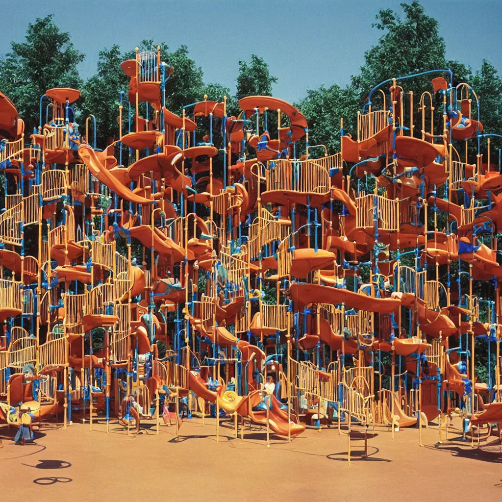 Image similar to full - color closeup 1 9 7 0 s photo of a large complex very - dense very - tall many - level playground in a crowded schoolyard. the playground is made of dark - brown wooden planks, and black rubber tires. it has many spiral staircases, high bridges, ramps, and tall towers.