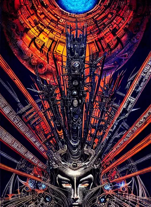 Prompt: Metal Hurlant cover by Philippe Druillet, rich deep colors. masterpiece . , very coherent symmetrical artwork, cinematic, hyper realism, octane render, unreal engine, 8k, Vibrant colors, Smooth gradients, High contrast, depth of field. character drawing, clean ink detailed line drawing, intricate detail.