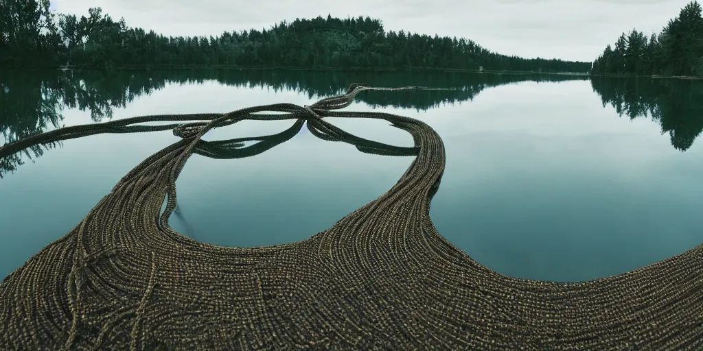 Prompt: centered photograph of a long rope zig - zagging snaking across the surface of the water into the distance, a dark lake on a cloudy day, color film, trees in the background, hyper - detailed photo, anamorphic lens