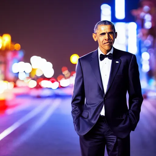 Image similar to a still of Barak Obama. Shallow depth of field. City at night in background, lights, colors ,studio lighting, mood, 4K. Profession photography