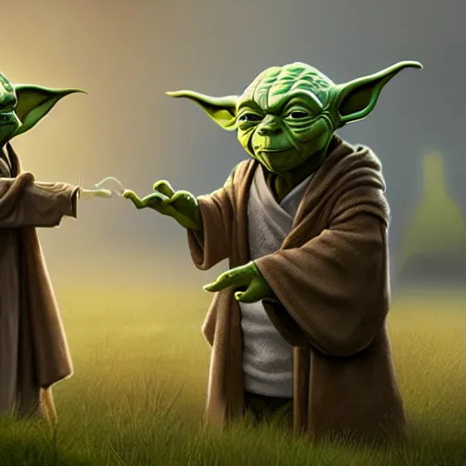 Image similar to master yoda yelling at his guilty dog, digital art, trending on art station, high quality, uhd 8 k, beautiful, golden hour, intricate detail, high gradient, raytracing, dynamic lighting, sharp focus