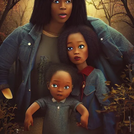 Image similar to stunning, coherent, impressive, still of black family in a dream world, follow shot, 3d, in the style of pixar, comic book style, 3d, highly detailed, sharp focus, bokeh, depth of field, 16k resolution, octane renderer, coherent, cinematic lighting, photorealistic, by Zhang Jingna