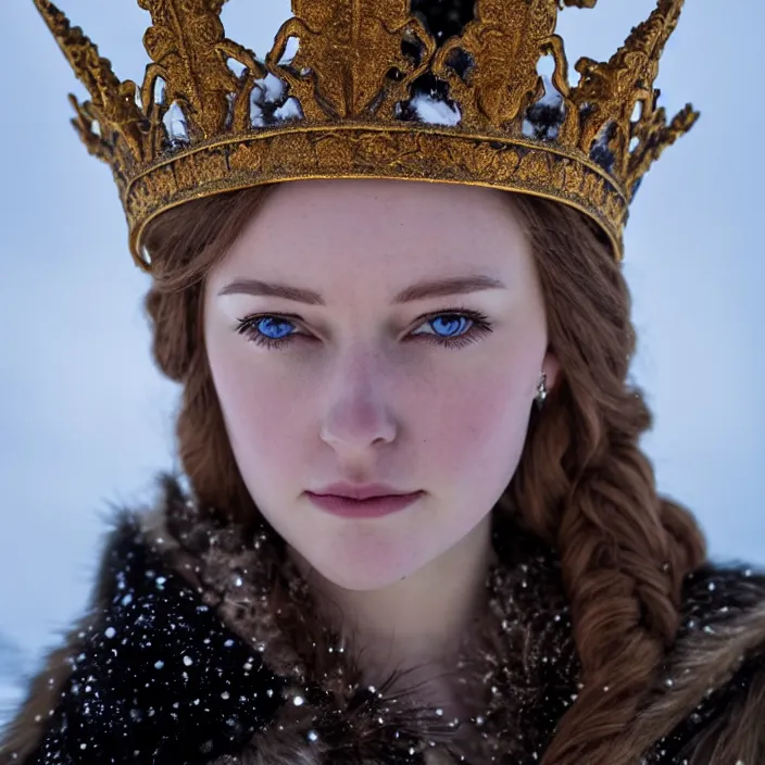 Prompt: portrait photograph of a real-life extremely beautiful!! young adult nordic queen with ornate cloak and crown, looking at the camera!!. Extremely detailed. 8k