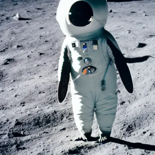 Image similar to a penguin wearing a spacesuit helmet. The penguin astronaut is standing next to the Apollo lunar lander module, on the lunar surface. Dslr footage.