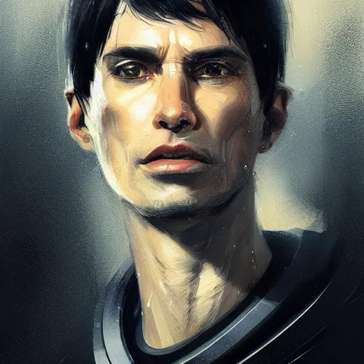 Image similar to portrait of a man by greg rutkowski, he is about 3 0 years old, short black hair with bangs, scared and incredulous, very tall and slender, he is wearing futuristic space gear, highly detailed portrait, digital painting, artstation, concept art, smooth, sharp foccus ilustration, artstation hq