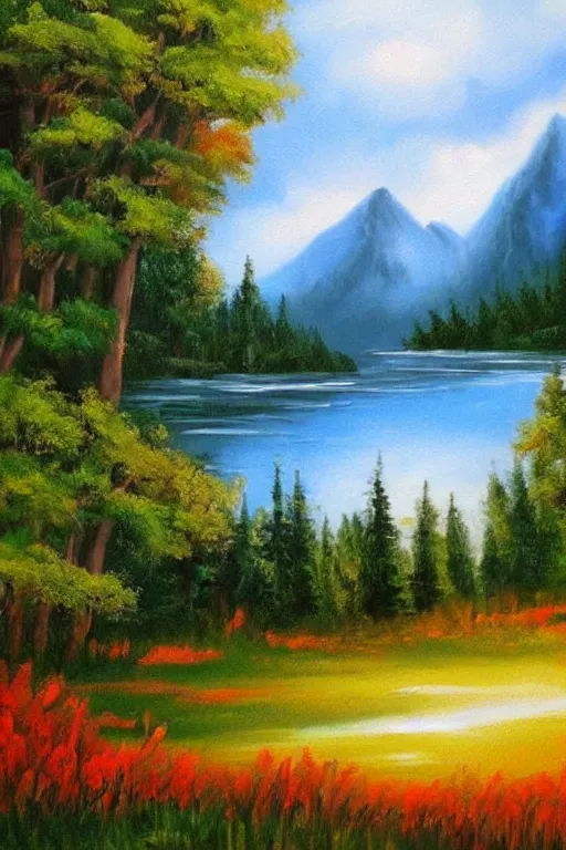 Image similar to a beautiful bob ross landscape painting