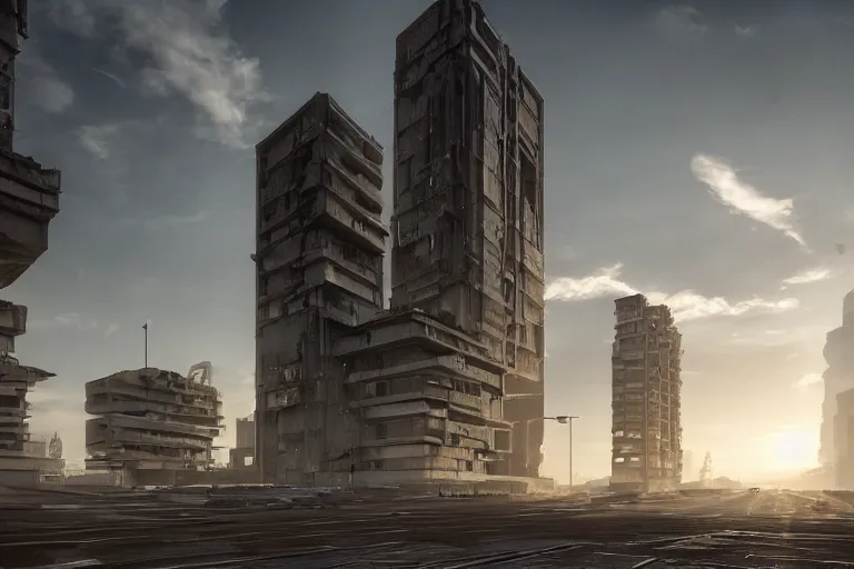 Image similar to streetscape, a towering cathedral of brutalist architecture, buildings covered with greebles, stunning volumetric light, sunset, metal, concrete and translucent material, stunning skies, majestic landscape, trending on Artstation, 8k, photorealistic, hyper detailed, unreal engine 5, IMAX quality, cinematic, epic lighting, in the style of Greg Rutkowski