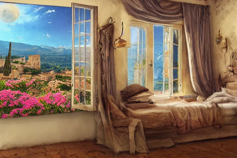 Prompt: a very very very very detailed matte painting of wide angle view on Cute Cat in Provence style Room,