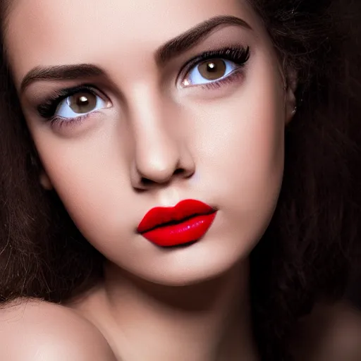Prompt: a highly detailed symmetric face of a pretty young woman, hyperrealistic, detailed eyes, red lipstick