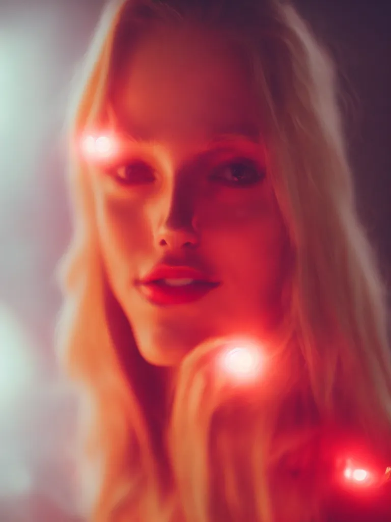 Image similar to photograph of a pretty blond woman illuminated with red light, soft light, night