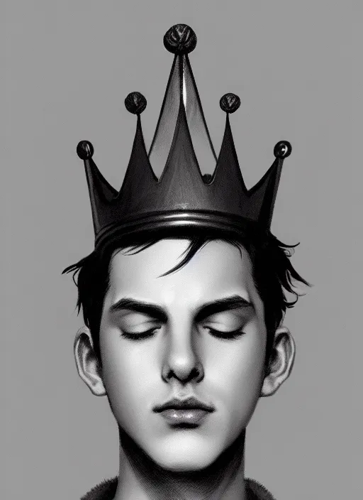 Image similar to portrait of teenage jughead jones wearing a light grey crown, photorealistic, crown, eyes closed, crown, black hair, intricate, elegant, glowing lights, highly detailed, digital painting, artstation, concept art, smooth, sharp focus, illustration, art by wlop, mars ravelo and greg rutkowski