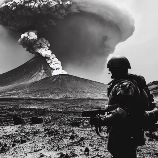 Prompt: Close-up of a heavy-armored soldier standing infront of an erupting volcano, black and white, professional photography, eerie, cinematic