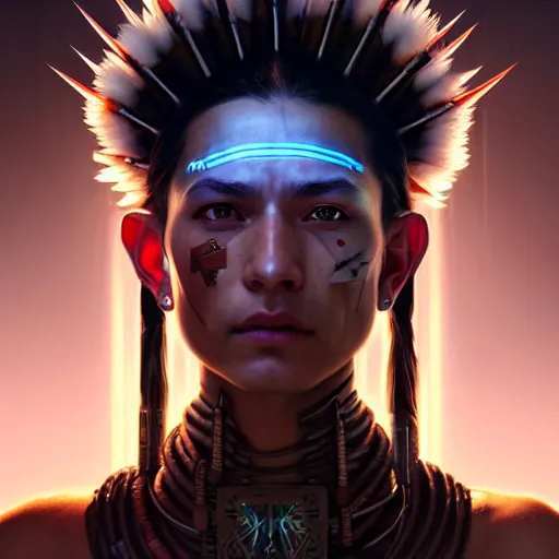 Image similar to portrait painting of a cyberpunk native american street samurai with pointy ears, ultra realistic, concept art, intricate details, eerie, highly detailed, photorealistic, octane render, 8 k, unreal engine. art by artgerm and greg rutkowski and charlie bowater and magali villeneuve and alphonse mucha