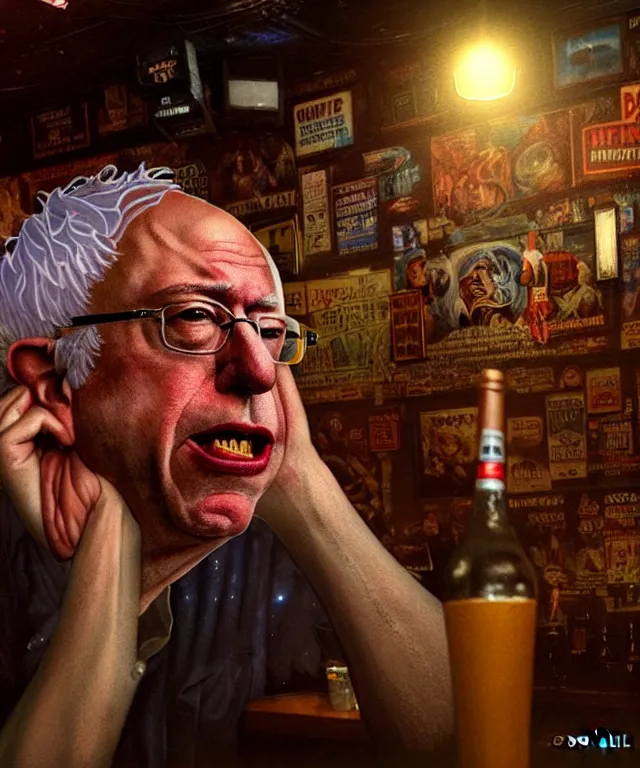 Prompt: hyperrealistic mixed media painting of Bernie Sanders as a crazy drunk, dimly lit dive bar, stunning 3d render inspired art by P. Craig Russell and Barry Windsor-Smith + perfect facial symmetry + dim volumetric lighting, 8k octane beautifully detailed render, post-processing, extremely hyperdetailed, intricate, epic composition, grim yet sparkling atmosphere, cinematic lighting + masterpiece, trending on artstation, very very detailed, masterpiece, stunning