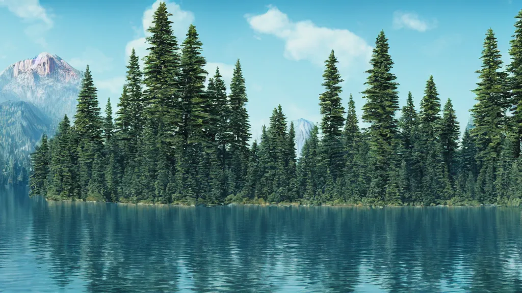 Image similar to a lake surrounded by tall pine trees with a mountain in the background, a detailed matte painting by senior environment artist, shutterstock contest winner, photorealism, rendered in unreal engine, matte painting, anamorphic lens flare